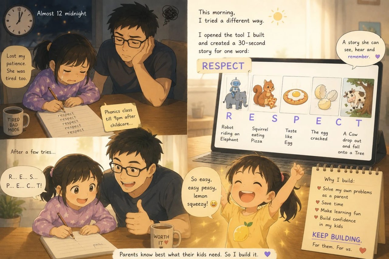 Comic: a tired dad and his daughter drilling the word RESPECT at night, then the next morning she spells it easily after hearing the story: a robot riding an elephant, a squirrel eating pizza, an egg, a cow, a tree.