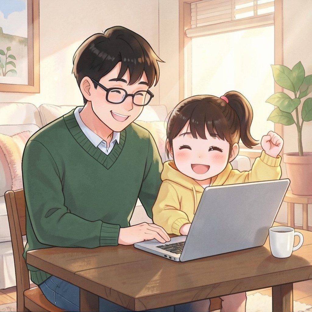 A dad and his young daughter smiling at a laptop together while making a spelling story